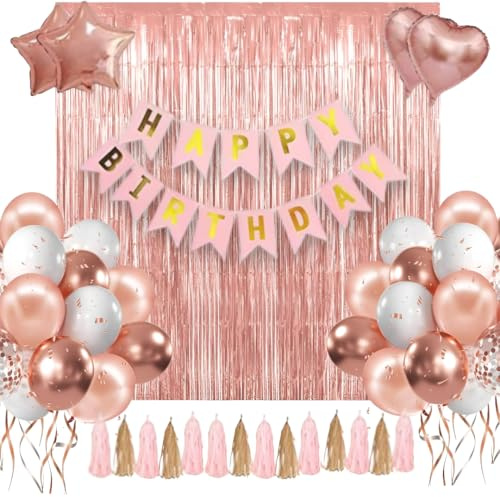 Birthday Party Decoration Kit, Rose Gold | Happy Birthday Banner, Confetti, Latex Balloons, Foil Curtain & Tassel Garland | Luxury Party & Birthday Decor for Girls, Teens & Women.