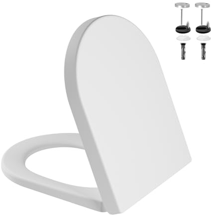 Toilettendeckel mit Absenkautomatik D-Form Weiß[KURZ], Antibakterieller & UV-beständig WC Sitz, Abnehmbar klodeckel, Quick-Release zur einfachen Reinigung, Urea-Duroplast, Belastbarkeit von 150kg