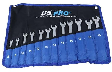 US PRO Deep Offset Metric Combination Spanner Set, 12-Piece, 8-19mm, with Storage Pouch