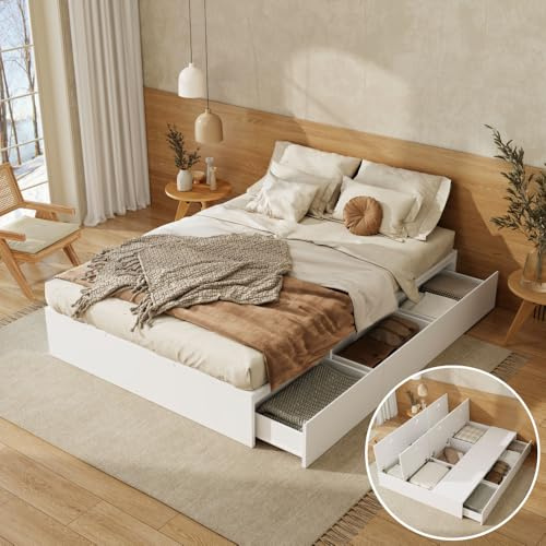 Boxspringbett 140 x 200 cm Funktionsbett Palettenbett Massivholz Bett mit Stauraum unter dem Bett mit Schubladen mit Stauraum Weiß