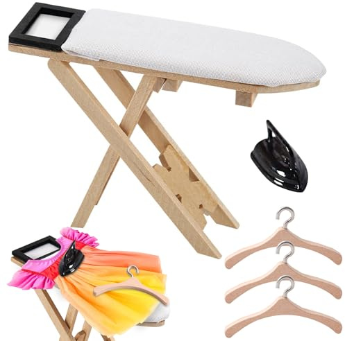 VDSOW Kit de fer à repasser miniature avec planche à repasser miniature et 3 crochets de suspension miniatures en bois pour maison de poupée - Accessoires de lutin 1 à 12 - Accessoires de lutin de
