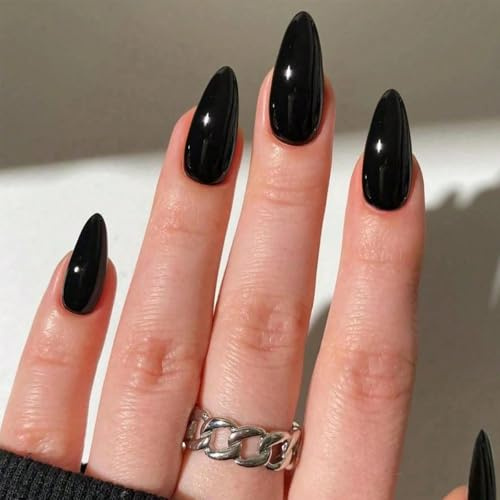 Black Press On Nails - Short Almond False Nails - Oval Shaped Solid Color Medium Length Fake Nail with Glue - Glossy Removable Natural Full Cover Stick on Nail for Halloween Women Nail Art Accessories