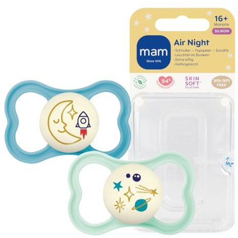 MAM Air Night Schnuller | 16+ Monate | leuchtende Schnuller | 94% Akzeptanz | Babyschnuller mit Experten entwickelt | besonders hautfreundlich | SkinSoft Silikon | Mond/Universum | 2 Stück
