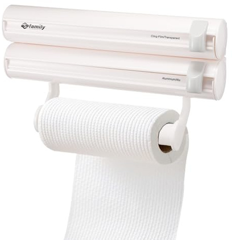 FAMILY Dispensador de Papel de Cocina 3 en 1 en Acero Inoxidable y Plástico Resistente, Apto para Rollos de Menos de 4,5cm de Ancho y 35cm de Longitud, Montaje Fácil y Diseño Moderno para Hogar