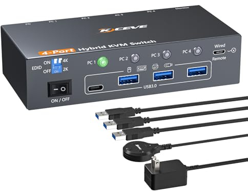 4K@60Hz KVM Switch 4 PC 1 Monitor HDMI DP USB-C, USB 3.0 KVM Switch 4 Ports für 4 Computer Teilen Tastatur, Maus und 1 Monitor, mit Netzteil und Kabelfernbedienung