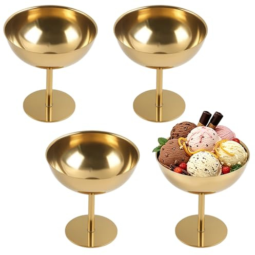 YedZen Ice Cream Bowls, Set of 4, 200ml/6.5oz, Stainless Steel Ice Cream Sundae Bowl with 6.25cm Footed Trifle, Dessert Cup for Serving Dessert, Shake Cups, Fruit, Appetizer, Pudding, Golden