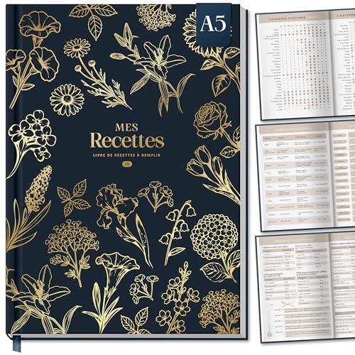 BIROYAL Carnet de Recettes à Remplir A5 avec Table Substituts, Bleu marine | Papier Épais 120g, 100 Recettes Vierge, 2 Pages par Recette, Avec Table de Conversion & Calendrier Saisonnier