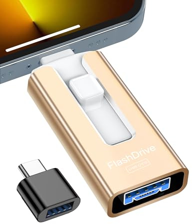 GNASEET 256GB Memoria Externa para Phone y Android, USB 3.0, Dorado | Pendrive para Phone 4 en 1 con USB-C/Micro USB/USB-A, Disco Duro Externo para Phone para Fotos, Vídeos y Datos
