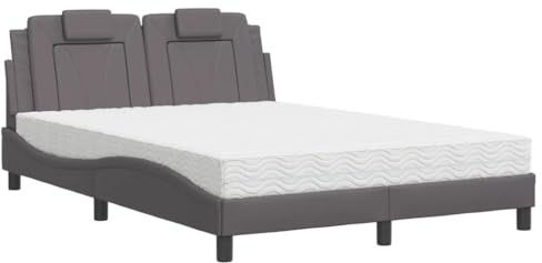 QJBSAVVA Polsterbett 140x190 cm mit Matratze und Lattenrost Grau Wellen-Design Kunstleder Bettgestell mit Kopfteil Bettanlage für Schlafzimmer Serie Viana