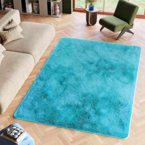 TAPISO Silk Teppich Shaggy rutschfest Türkis Einfarbig Antirutsch Hochflor Langflor Modern Schlafzimmer Wohnzimmer Bedvorleger ÖKO-TEX 80 x 150 cm
