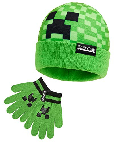 Minecraft Gorros Invierno, Sombrero Pescador o Set Gorro y Guantes con o sin Braga Cuello, Accesorios de Invierno, 6-14 Años (6-14 Años, Verde Sombrero & Guantes)