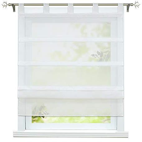 ESLIR Raffrollo mit Schlaufen Gardinen Küche Voile Raffgardinen Transparent Schlaufenrollo Modern Vorhänge Uni 1 Stück Weiß BxH 100x140cm 1 Stück