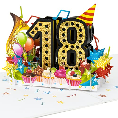 LIMAH® Pop-Up 3D Grußkarte/Hochwertige PopUp 3D Geburtstagskarte zum 18. /Happy Birthday Motiv/in schwarz Gold/Groß mit Glitzer