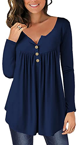 Blus långärmad blusar & tunikor för kvinnor knappar blusar toppar blommor tunika damtoppar, 0 marinblå, L