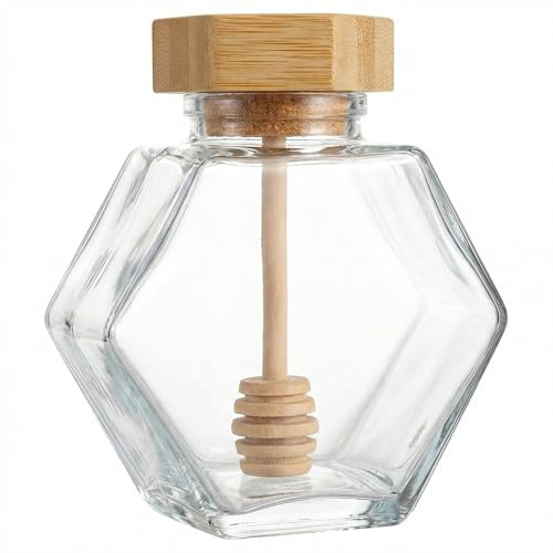 1 pot à miel vide en verre transparent rechargeable avec cuillère en bois et couvercle en liège pour la maison, la cuisine, le restaurant