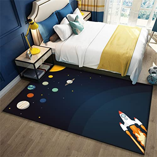 Kinderteppich Universe Planet Astronaut 3D Wohnzimmerteppich Rutschfest Blau Schwarz Raumschiff Rakete Teppiche Jungen und Mädchen Spielteppich Kinderzimmer Teppich Waschbar (Farbe1,120 x 160 cm)
