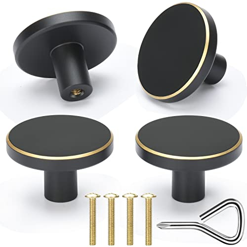 drado Lot de 4 boutons de meubles ronds en laiton - Pour cuisine, chambre à coucher, salle de bain - Noir et doré