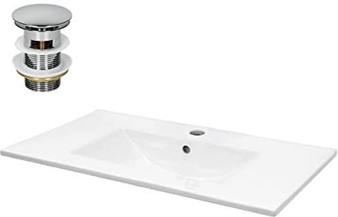 ECD Germany Lavabo da Incasso 710 x 465 x 175 mm in Ceramica Bianca incl. Set di Scarico con Troppopieno Lavandino Rettangolare Lavamano per Bagno con Piletta Tappo per Scarico