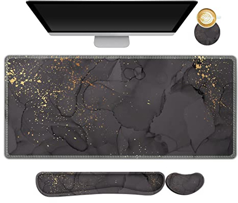 ARTSO Gaming-Mauspad, Handgelenkstütze, XXL, großes Schreibtischmatte, Mauspad, Tastatur-Handgelenkstütze, Maus-Handgelenkauflage, Untersetzer, 4-in-1, ergonomisch, Büro, schwarzer grauer Marmor