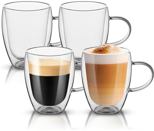 Dyserbuy 4 Pack Double Walled Glass Mug, Cappuccino Drinking Cups, Insulated Glass Coffee Cup with Handle, Perfect for Cappuccino, Latte, Espresso, Tea, Juice, Beverage (350ml/12oz)