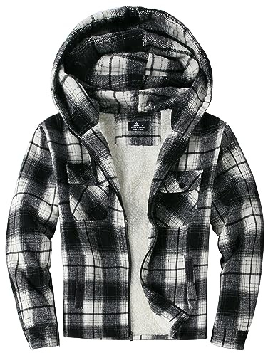 JACKETOWN Veste Polaire Homme Avec Capuche Chemise En Flanelle à Carreaux Veste Mi-Saison Chaude Doublée Manteau Décontracté Avec Poches Idéale Pour L’automne Et L’hiver