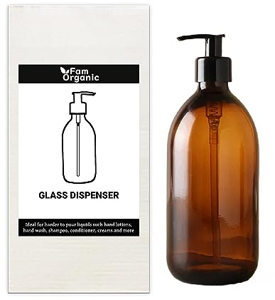 Fam Organic 500ml / 17oz Amber Glass Soap Dispenser (Pack of 1) – BPA-Free Refillable Brown Glass Bottles with Black Pump – For Bathroom & Kitchen Hand Soap, Dish Soap, Lotion, Shampoo & Conditioner
