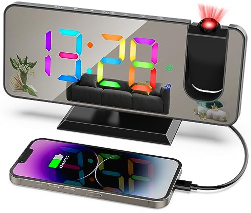 ThreeH Projektions Wecker mit 11 RGB Farben Wechselnden LED Spiegel Display Digitaluhr mit USB Ladeanschluss Snooze Funktion 6 Helligkeitsstufen einstellbar Schwarz