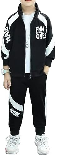 MSemis Jogginganzug Jungen Kinder Trainingsanzug Casual Sportanzug 2tlg Langarm Sweatjacke + Jogginghose Sportswear Schwarz 158-164/13-14 Jahre