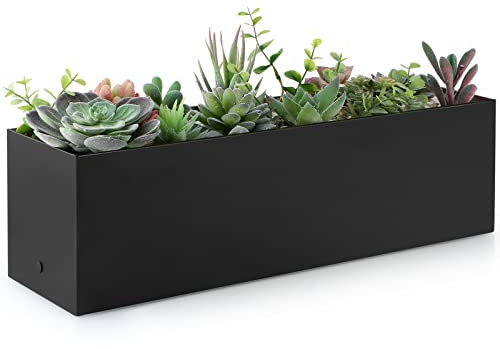 Skelang 43 cm, grande contenitore per piante in acciaio inossidabile, con fori di drenaggio e serbatoio dell'acqua, vassoio per piante rettangolare, per interni ed esterni (nero spazzolato)