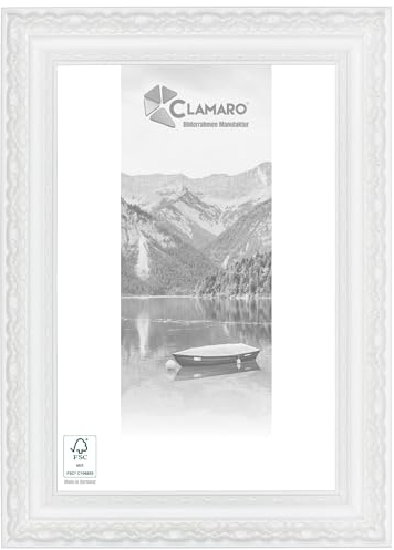 CLAMARO 'OTTO' Bilderrahmen Antik (DIN A4) 21x29,7 Massivholz | Weiss matt | 80 mm breite Shabby Chic Vintage Barock Leiste | Holzrahmen inkl. Acrylglas, Rückwand, Metall Aufhänger