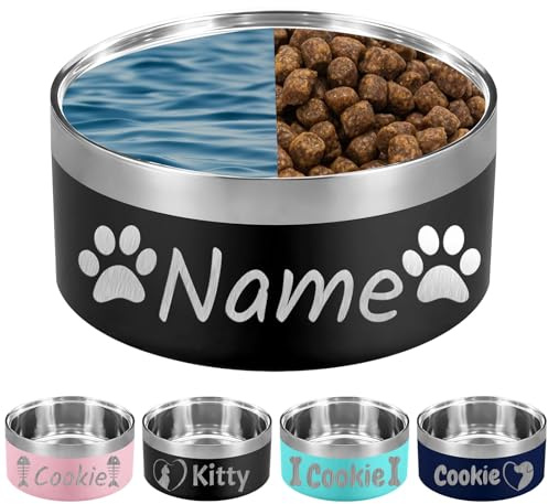 42OZ Personalisierter Hundenapf mit Lasergravur und individuellem Tiernamen 18/32/42/64oz rutschfeste, isolierte, bissfeste Edelstahl-Wasserschalen-Schwarz