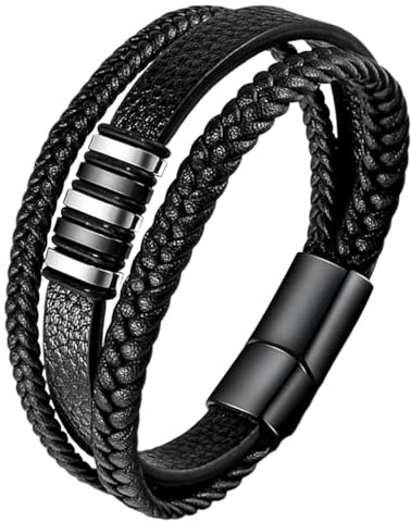 Pulsera de Hombre de Cuero Auténtico Trenzado a Mano, Brazalete Masculino Ancho de Piel de Vaca con Cierre Magnético de Acero Inoxidable, Pulsera Elegante y Moderna Ideal como Regalo de Moda