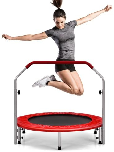 COSTWAY 40 Trampoline, Foldable Fitness Bouncer with 4-Level Adjustable Foam Handle and Safety Padded Cover, Indoor Outdoor Exercise Rebounder Workout for Kids & Adults (Red)
