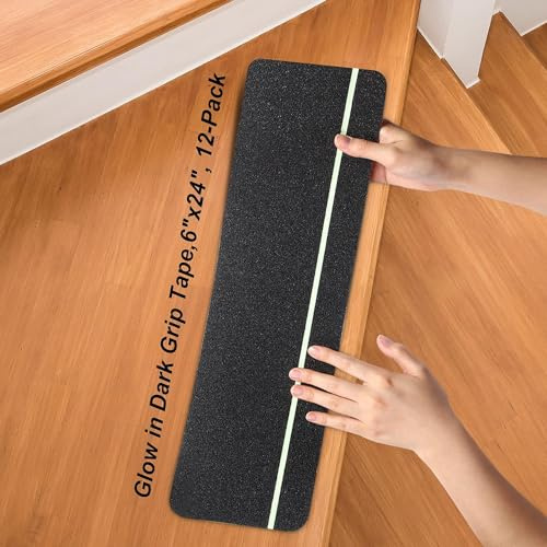 OQingluan Cinta Antideslizante Que Brilla en la Oscuridad, 15cm*60cm 12pcs | Cinta Antideslizante Escaleras, Cinta Adhesiva Antideslizante, para Interiores y Exteriores