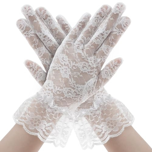 Weiße Spitzenhandschuhe für Damen, Spitzenhandschuhe, kurze Handschuhe aus Spitze, weiße Handschuhe für Zeremonien, elegante Damenhandschuhe, Blumennetz-Handschuhe, Brauthandschuhe, Oper,