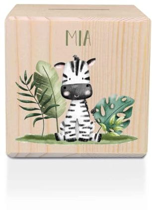 GRAVURZEILE Spardose aus Holz - Safari Tiere - mit Namen personalisiert - Personalisierte Geschenke für Mädchen & Jungen zum Geburtstag Kommunion Einschulung Weihnachten - Geschenk für Kinder - Zebra