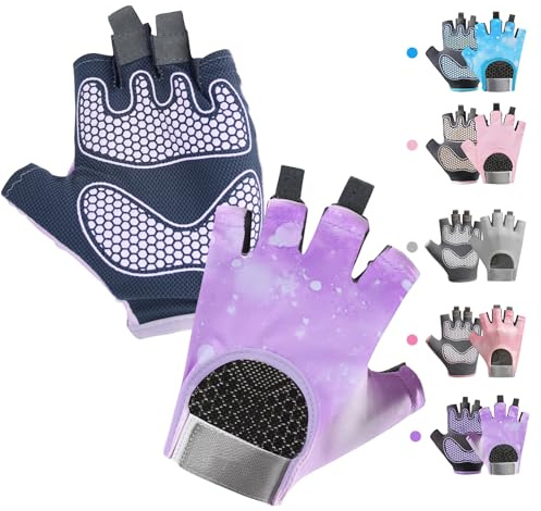 CubePlug Boys Girls Non-Slip Cycling Gloves Half Finger - Padded Grips Palm for Unisex Children, Ideal for Summer Riding, MTB, Bike, Sports, Hiking, Climbing, and Gym (Purple, M)