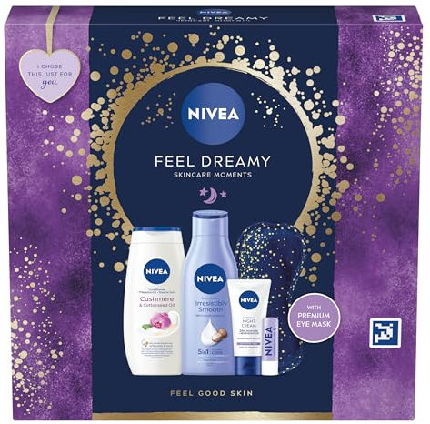 NIVEA Feel Dreamy Gift Set (5 Products), Women's Gift Set with Beauty Products, Includes Shower Cream, Body Lotion, Night Cream, Lip Balm, and Eye Mask