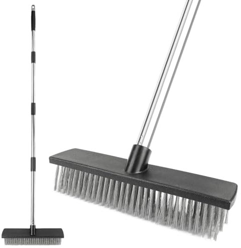 Hoquare Stainless Steel Wire Broom, Deck Scrub Brush with Long Handle, Heavy Duty Mental Sweeping Brush, Outdoor Bristle Floor Cleaning Scrubber for Moss, Stains, Weeds, Snow