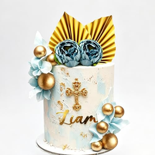 Boho Cake Decorations - Gold Palm Leaves Cake Topper with Blue Flowers, Gold Balls & Butterflies for Wedding Birthday Baby Shower Anniversary