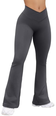 OQQ Damen Yoga Leggings Schlaghose Cross Waist Hohe Taille Flared Elastische Sport Leggings für Damen Dunkelgrau