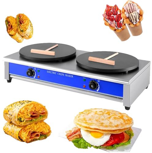Máquina para hacer crepes, máquina para hacer crepes eléctrica doble comercial de 2800 W, temperatura ajustable de 50 a 300 ℃, placa calefactora de 40 cm de diámetro, cuerpo de acero inoxidable, para