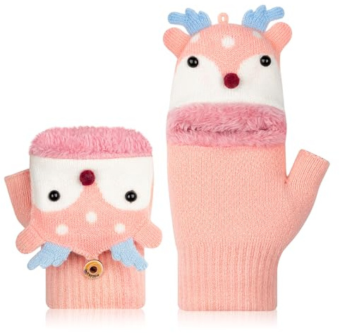 Kiiwah Guantes sin Dedos para Niños, Guantes de Invierno con convertible Flip Top, Cálido Guantes de Punto, Suave Forro de Felpa Medio Dedo Guantes Patrón Lindo para Niños Niñas, 3-8 Años