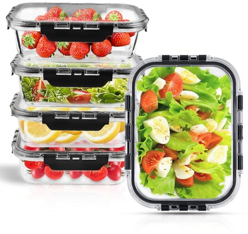CORESLUX 5er-Pack 1040ML Glasbehälter mit Deckel für Lebensmittel, Meal Prep Boxen, Frischhaltedosen Glas Set mit Schnappverschluss für Mikrowelle Gefrierschrank Spülmaschine, Auslaufsicher
