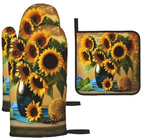 Set di 3 guanti da forno a forma di girasole e presine, stampati in 3D, isolanti, per cucina, cucina, barbecue, grigliate