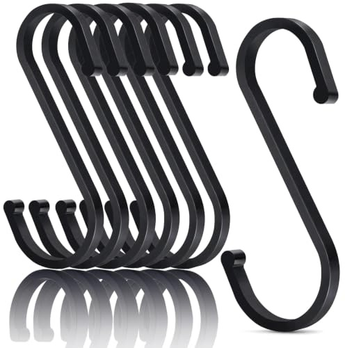 S Haken 12 Stück Aluminium, Haken zum einhängen, 25 kg belastbar, Schwarz | S-Haken, ein Ende groß, das andere klein, ohne Werkzeug montierbar, platzsparend für Küche, Bad, Garderobe, Garage & Garten