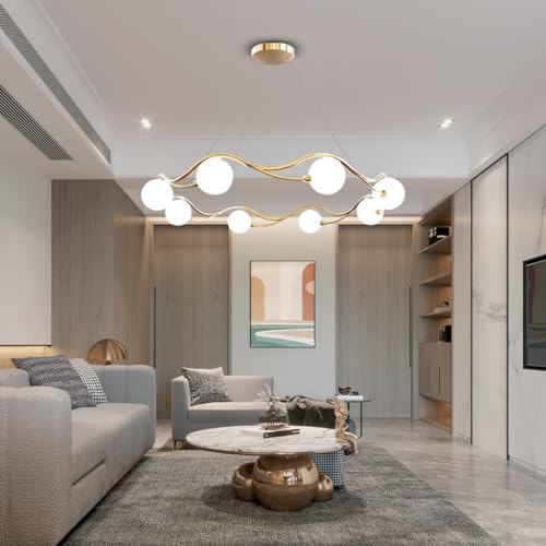 Stesulfr Kronleuchter Wohnzimmer kugelförmige Mid Century Hängeleuchte moderne Sputnik Pendellampe G9 gebürstetes Messing Finish weißer Kugel Glasschirm Beleuchtung für Esszimmer Küche Insel Schlafzim