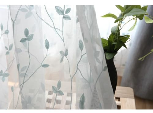 Wycian Gardienen Gardinen 2er Set Blau Grün Voile Äste Bestickt H183 x B102 cm (2er Pack) Gaze Curtain for Windows