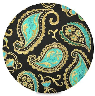Retro Fashion Flower Paisley Gold Cyan Round Cloth placemats Reusable placemat placemats Cloth Washable underplate mat Waterproof placemat Table Runner with placemats Set of 6 for Linen