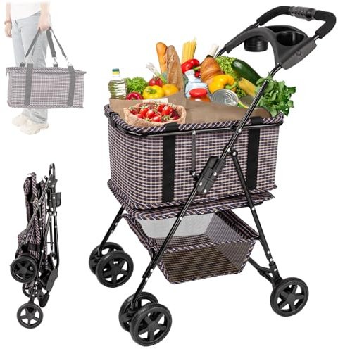 Einkaufstrolley klappbar mit 52L Kapazität und belastbar bis 25kg, Tragbarer Einkaufstrolley mit stabilem Aluminiumrahmen, Tasche abnehmbar, Ideal für Senioren, Camping, Reisen & Alltag, Gitter